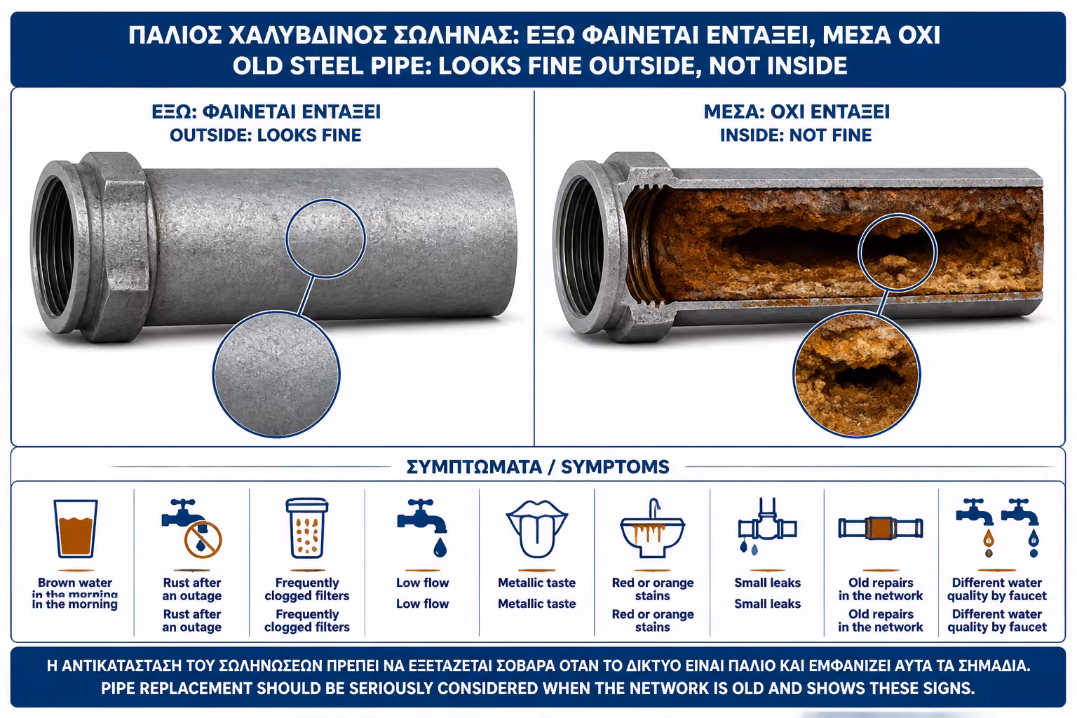 Παλιές σιδηροσωλήνες με εσωτερική σκουριά, ως εικονογράφηση για διάβρωση παλιού δικτύου