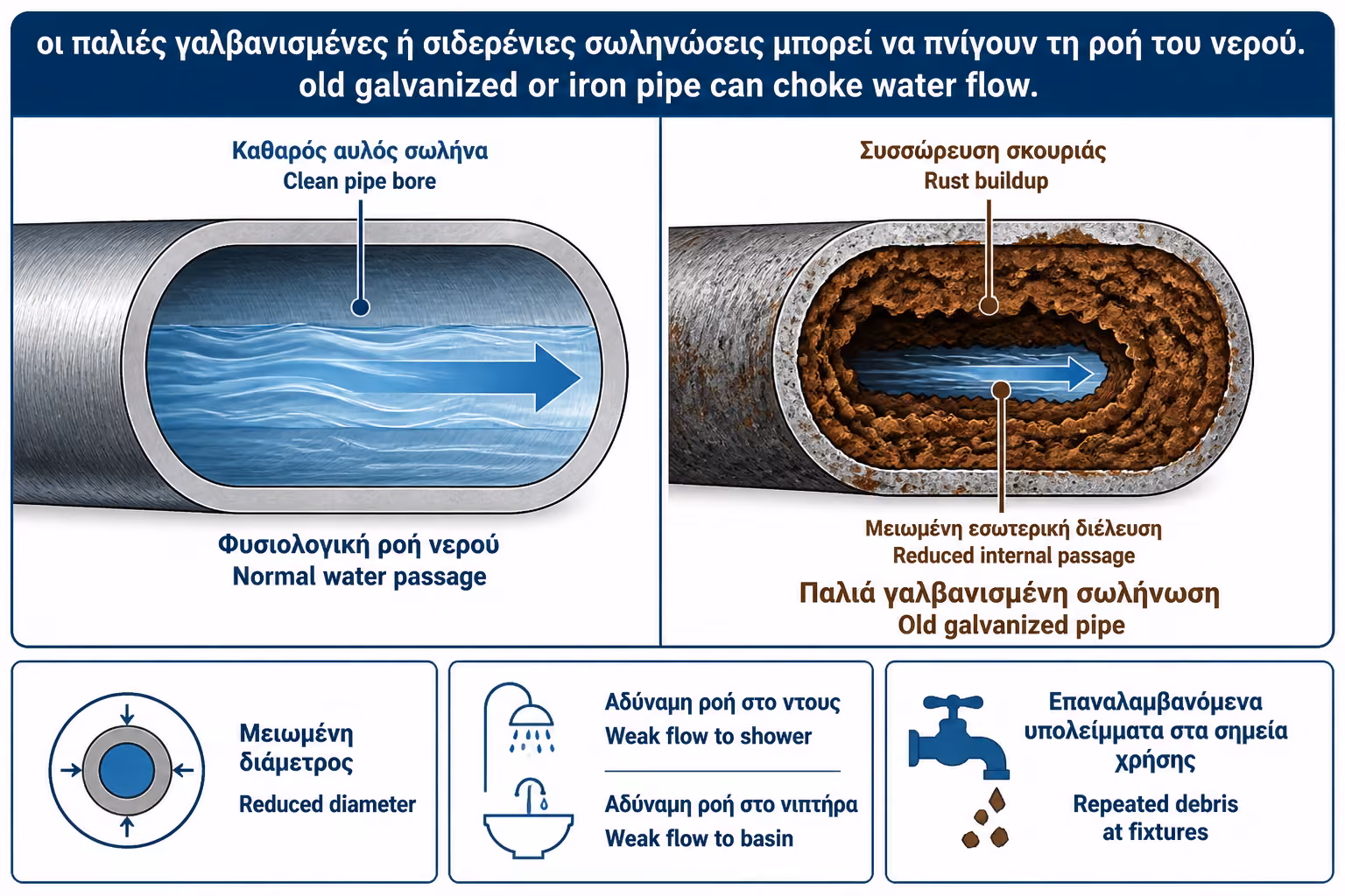Παλιά γαλβανιζέ σωλήνα με εσωτερική στένωση και σκουριά