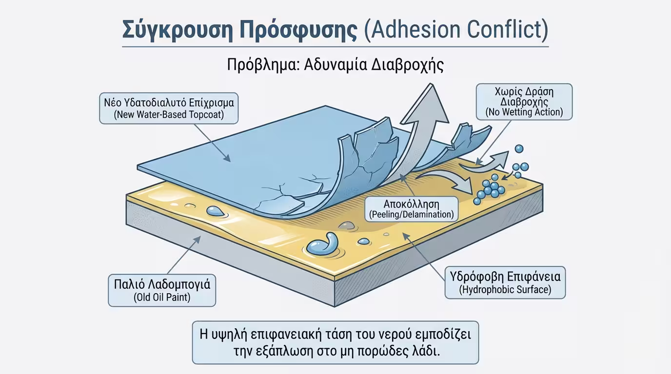 Ινφογκράφικ: Η αποτυχία πρόσφυσης όταν εφαρμόζεται νέο χρώμα πάνω σε παλιά, γυαλιστερή λαδομπογιά.