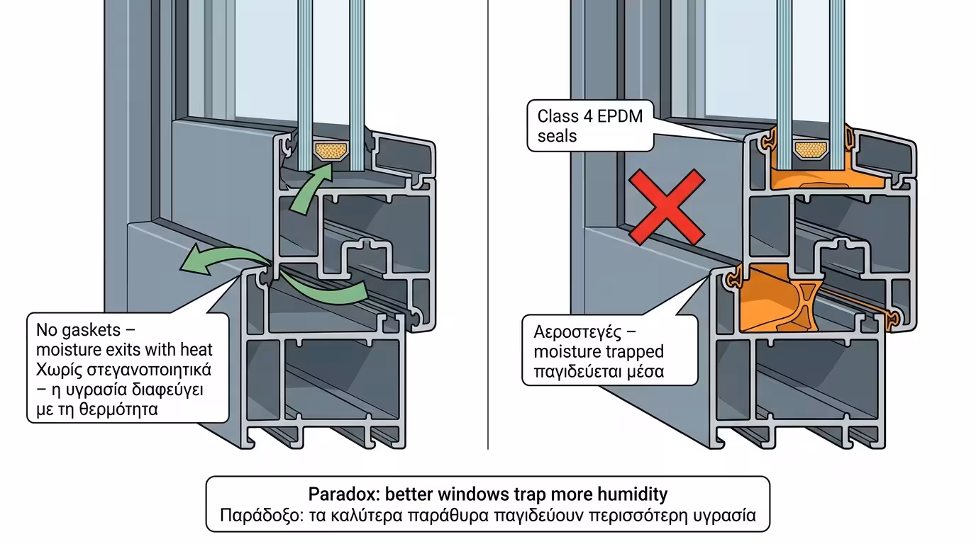 Σύγκριση παλιού μονού αλουμινίου (χωρίς λάστιχα) με νέο αεροστεγές κούφωμα