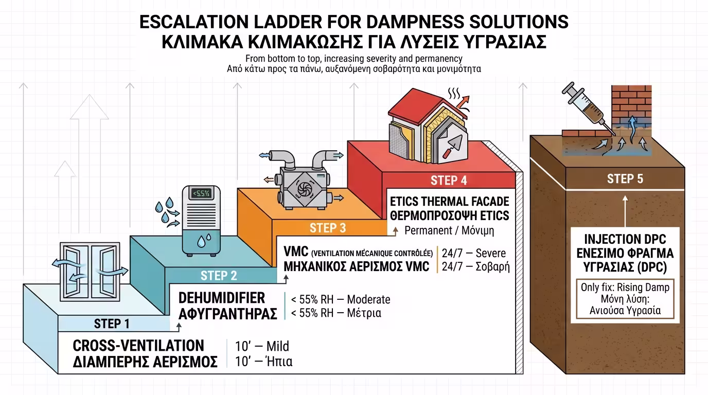 Infographic: Αερισμός, αφυγραντήρας, VMC, θερμοπρόσοψη, ενέσιμη στεγάνωση