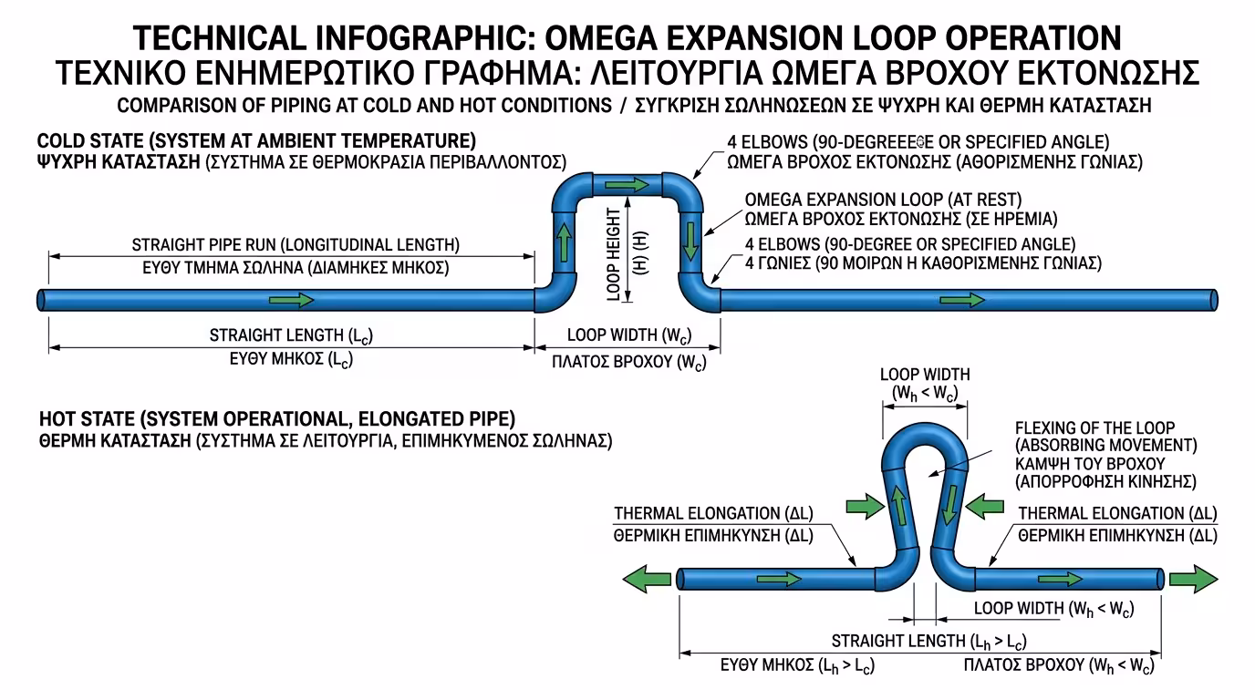 Ωμέγα διαστολής (expansion loop) - σχήμα Ω/Π με 4 γωνίες, απορρόφηση κίνησης σωλήνα