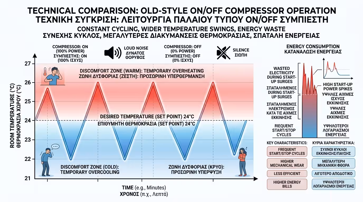 Παλιό κλιματιστικό ON/OFF - start-stop κύκλος συμπιεστή στο 100% ή 0%