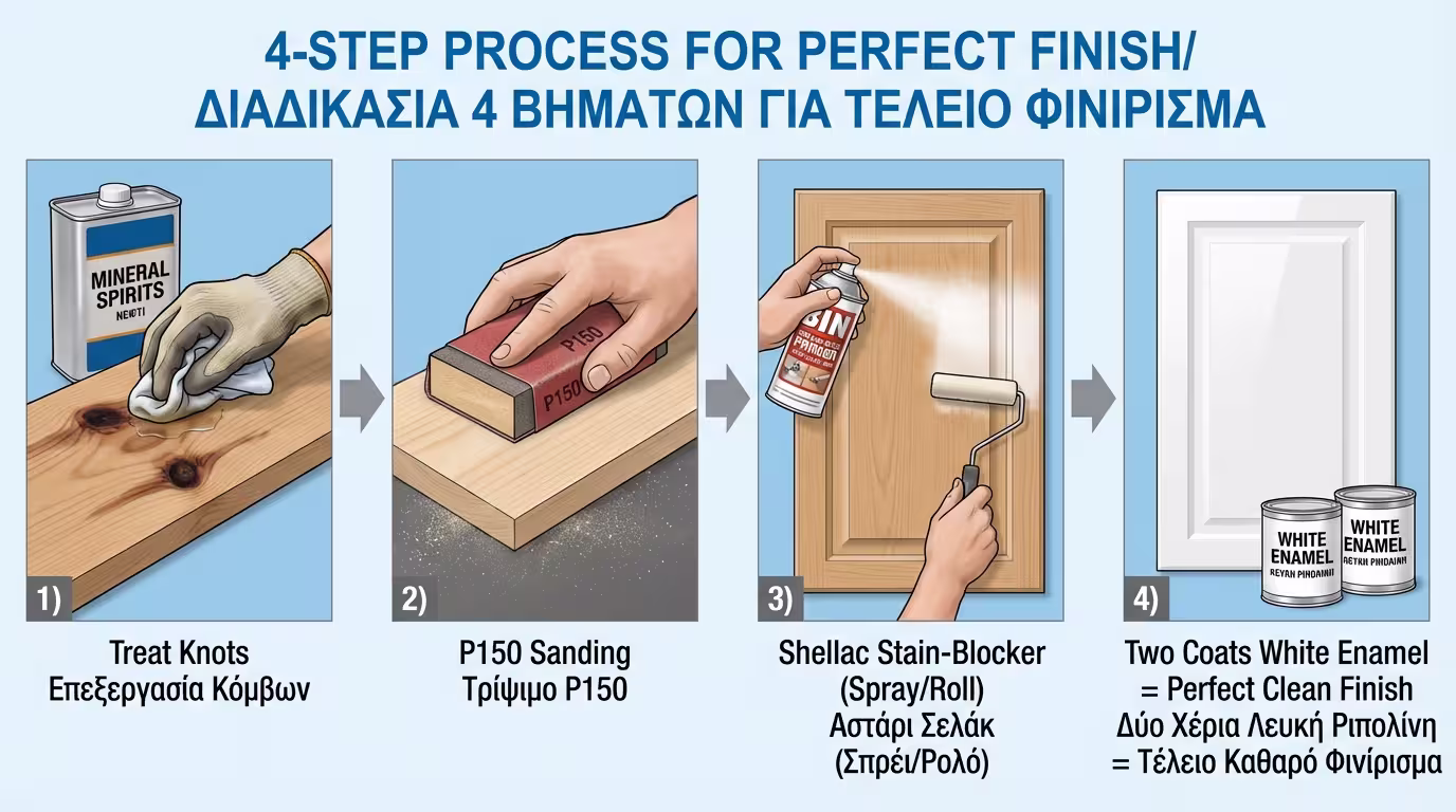 4 βήματα: 1) Νίτρου → αφαίρεση ρετσινιού. 2) P150 τρίψιμο. 3) Stain-Blocker (shellac BIN ή ακρυλικό). 4) 2 χέρια ριπολίνη (ελληνικά και αγγλικά)