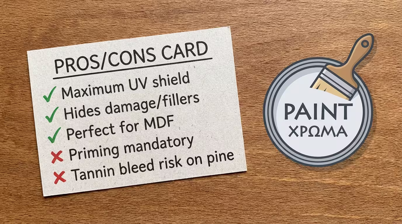 Ινφογκράφικ: ✓ μέγιστη UV, ✓ κάλυψη φθορών, ✓ ιδανικό MDF - ✗ αστάρωμα, ✗ τανίνες (κίτρινοι λεκέδες) (ελληνικά και αγγλικά)