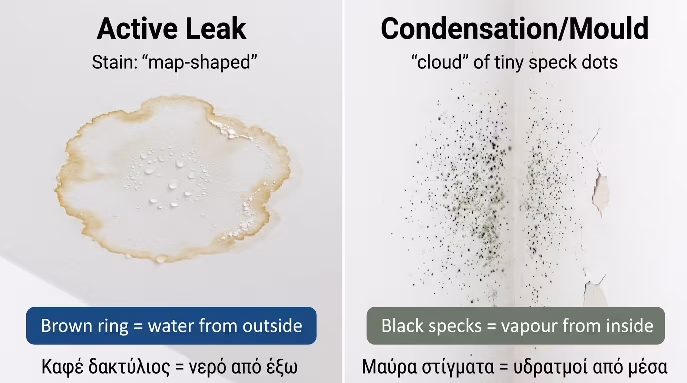 Λεκές διαρροής (καφέ δαχτυλίδι) vs λεκές συμπύκνωσης (μαύρα στίγματα)