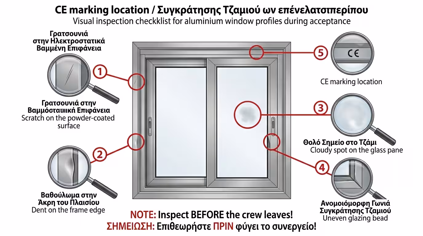 Οπτικός έλεγχος παραλαβής κουφωμάτων - γρατσουνιές, χτυπήματα, ελαττώματα σε προφίλ αλουμινίου