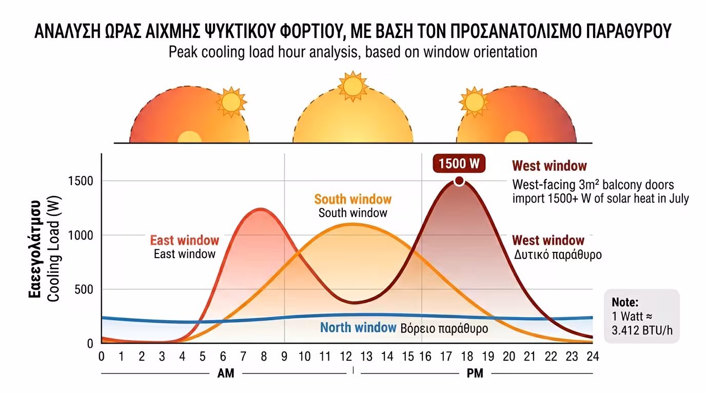 Ώρα αιχμής - ο ήλιος χτυπάει ανατολικά το πρωί, δυτικά το απόγευμα, BTU ανά ώρα