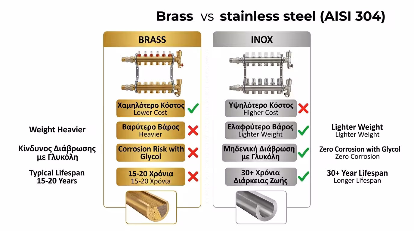 Σύγκριση ορείχαλκος vs Inox κολλεκτέρ θέρμανσης