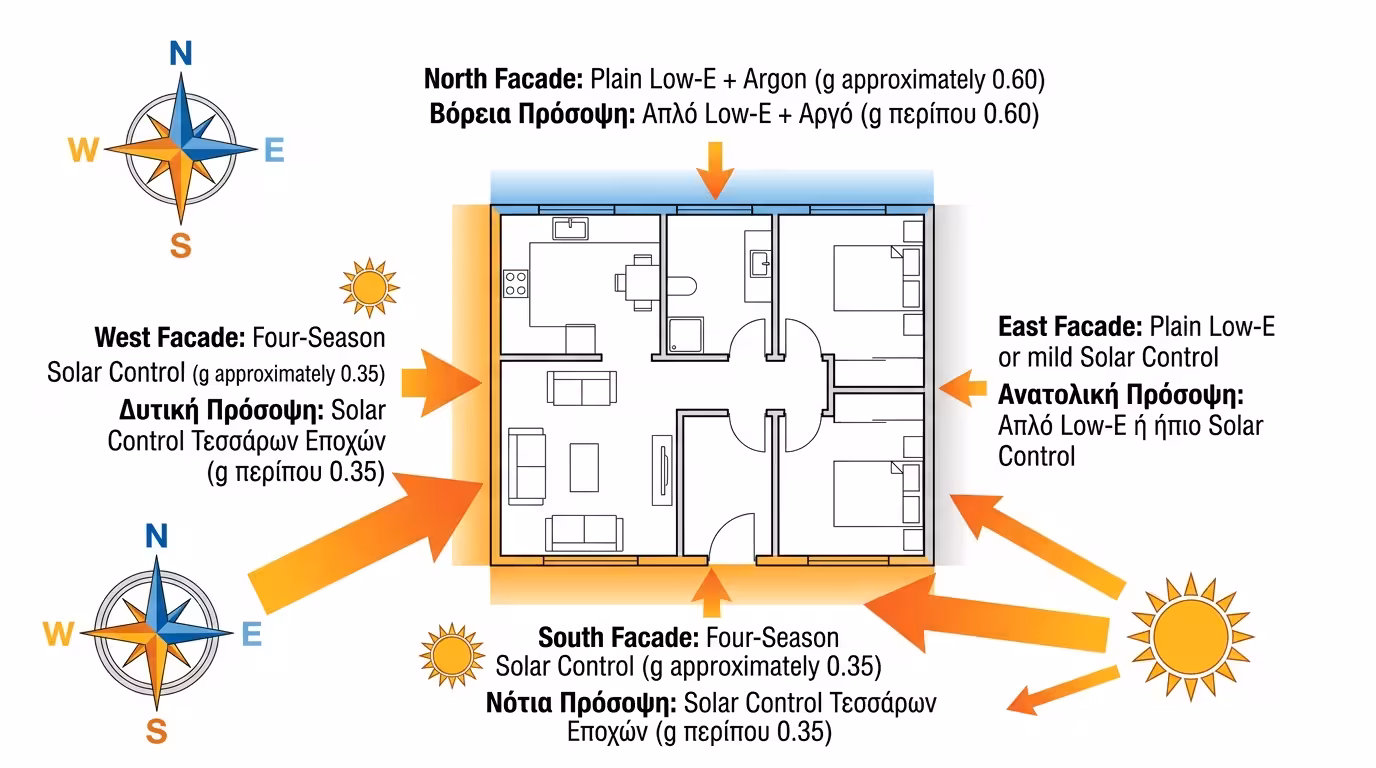 Οδηγός προσανατολισμού - πού βάζουμε 4 Εποχών και πού Low-E στην Ελλάδα