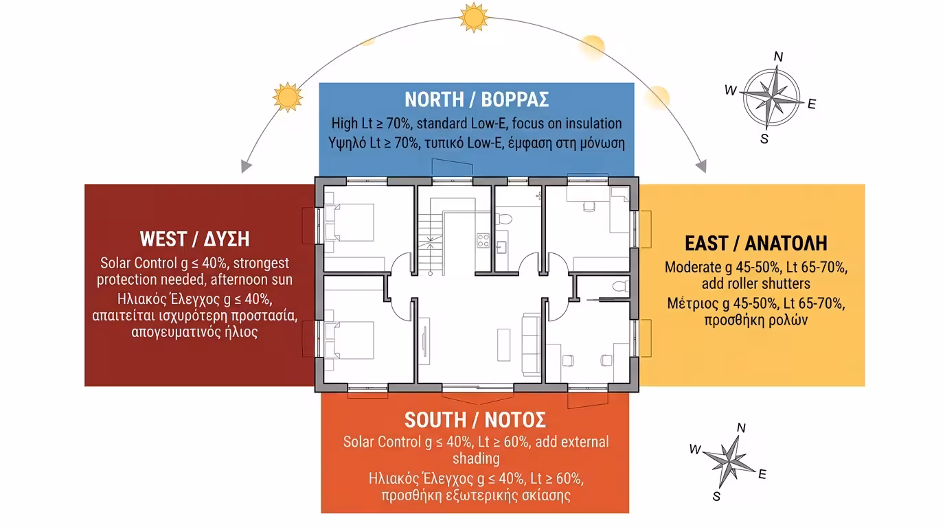 Οδηγός επιλογής τζαμιού ανά προσανατολισμό - βόρεια, νότια, δυτική