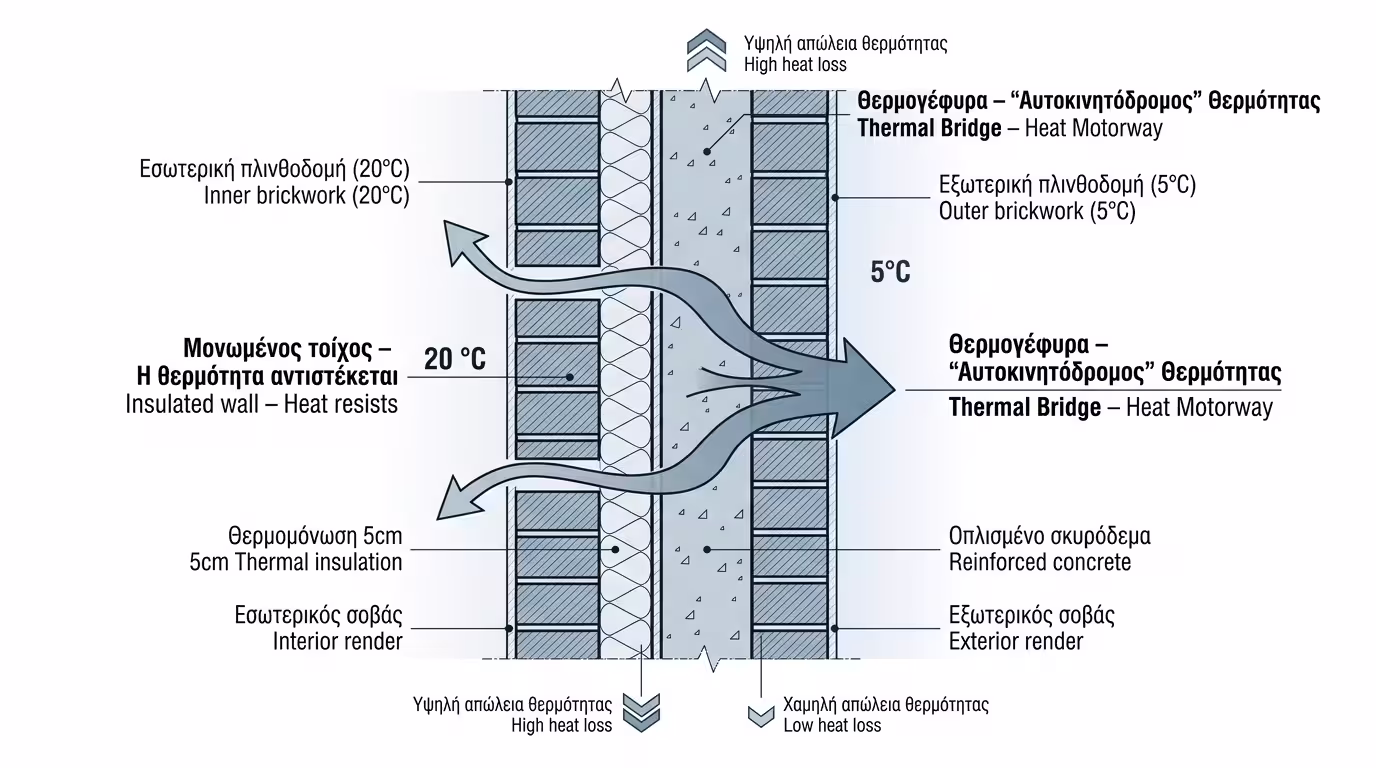 Θερμογέφυρα - αυτοκινητόδρομος θερμότητας μέσα από μπετόν