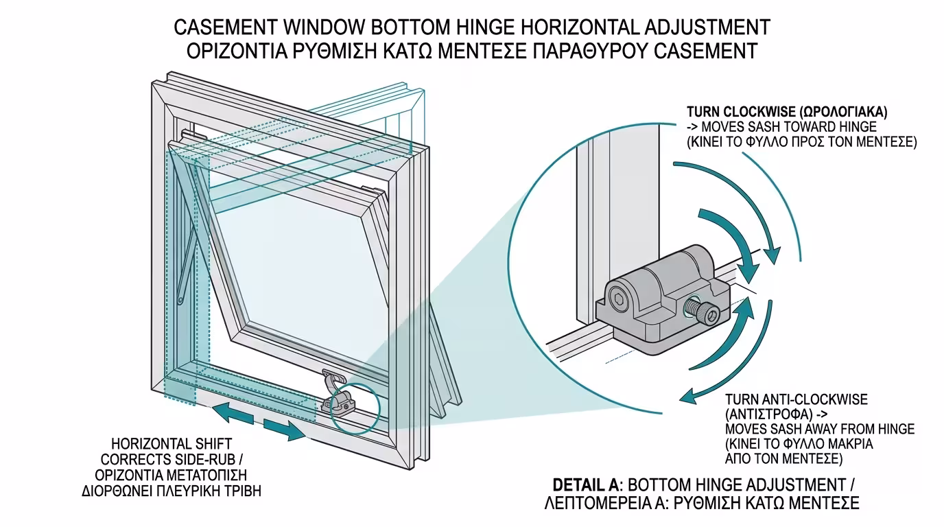 Οριζόντια ρύθμιση στον κάτω μεντεσέ - βίδα Άλεν στη βάση