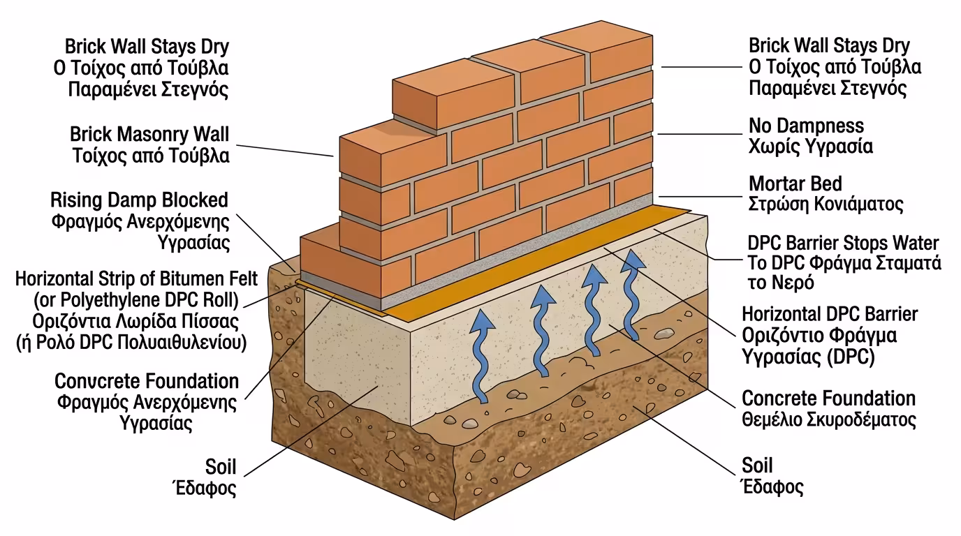 Οριζόντια φραγή στη βάση τοιχοποιίας - ασφαλτόπανο μεταξύ μπετόν και τούβλου