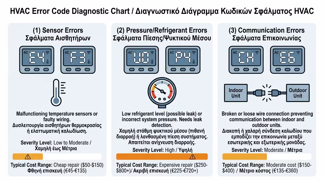 Οθόνη error code – κλιματιστικό, αντλία, σφάλματα, κωδικοί