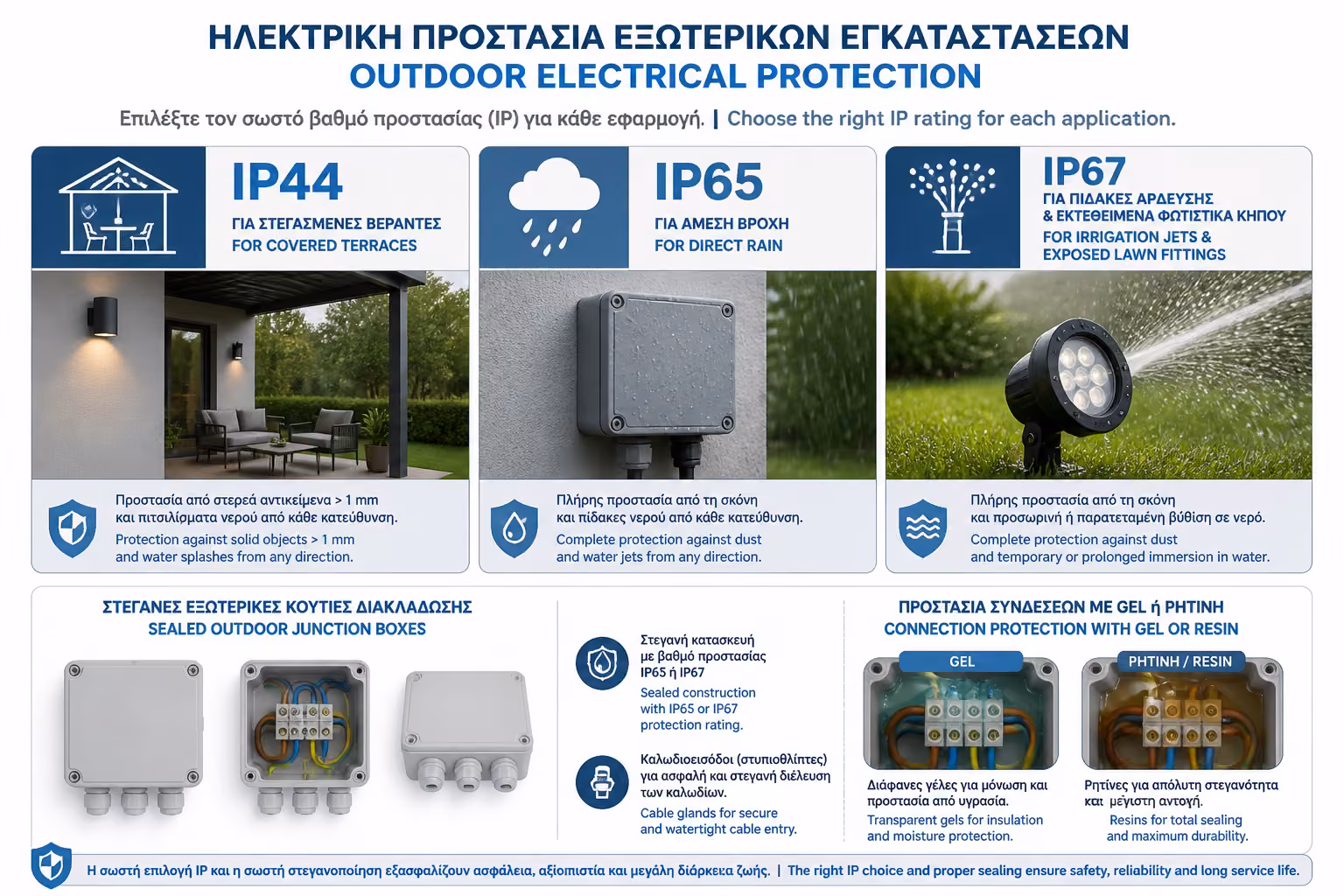Στεγανές πρίζες, φωτιστικά και κουτιά διακλάδωσης για εξωτερικό χώρο