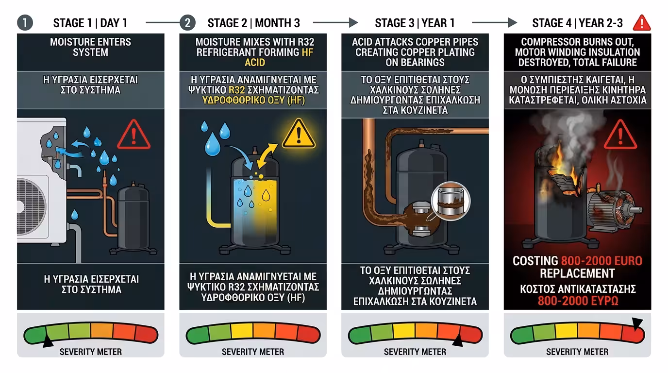 Οξύ και λάσπη μέσα στον συμπιεστή από υγρασία – καταστροφή περιέλιξης