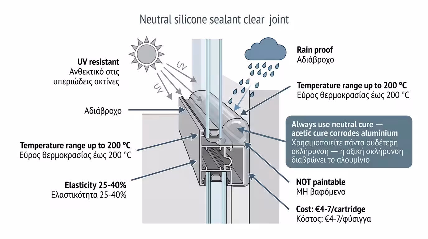 Ουδέτερη σιλικόνη εξωτερικά στον αρμό κουφώματος - αντέχει σε UV και βροχή
