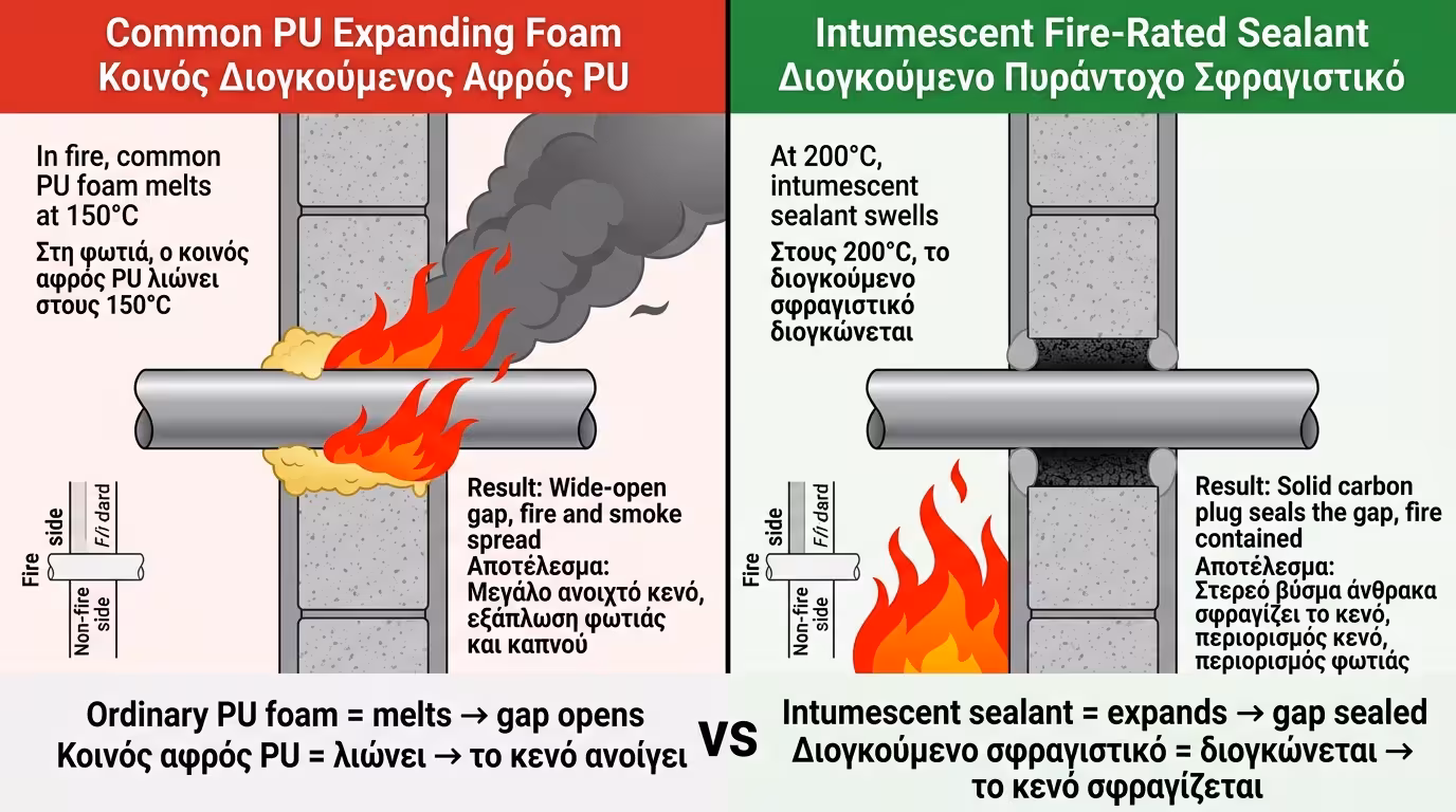 Σιλικόνη και κίτρινος αφρός πολυουρεθάνης - αναφλέγονται στη φωτιά