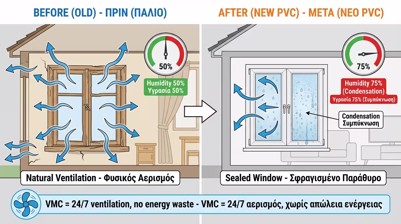 Infographic: Παλιά κουφώματα (φυσικός αερισμός) vs νέα PVC (εγκλωβισμένη υγρασία)