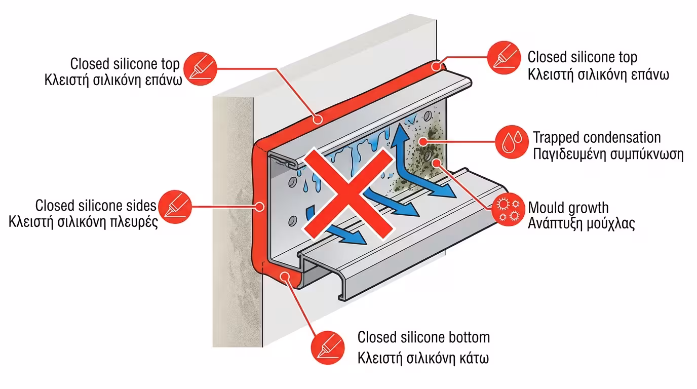 Κλειστή σιλικόνη γύρω από αρμοκάλυπτρο - παγίδα νερών και υγρασίας στον αρμό