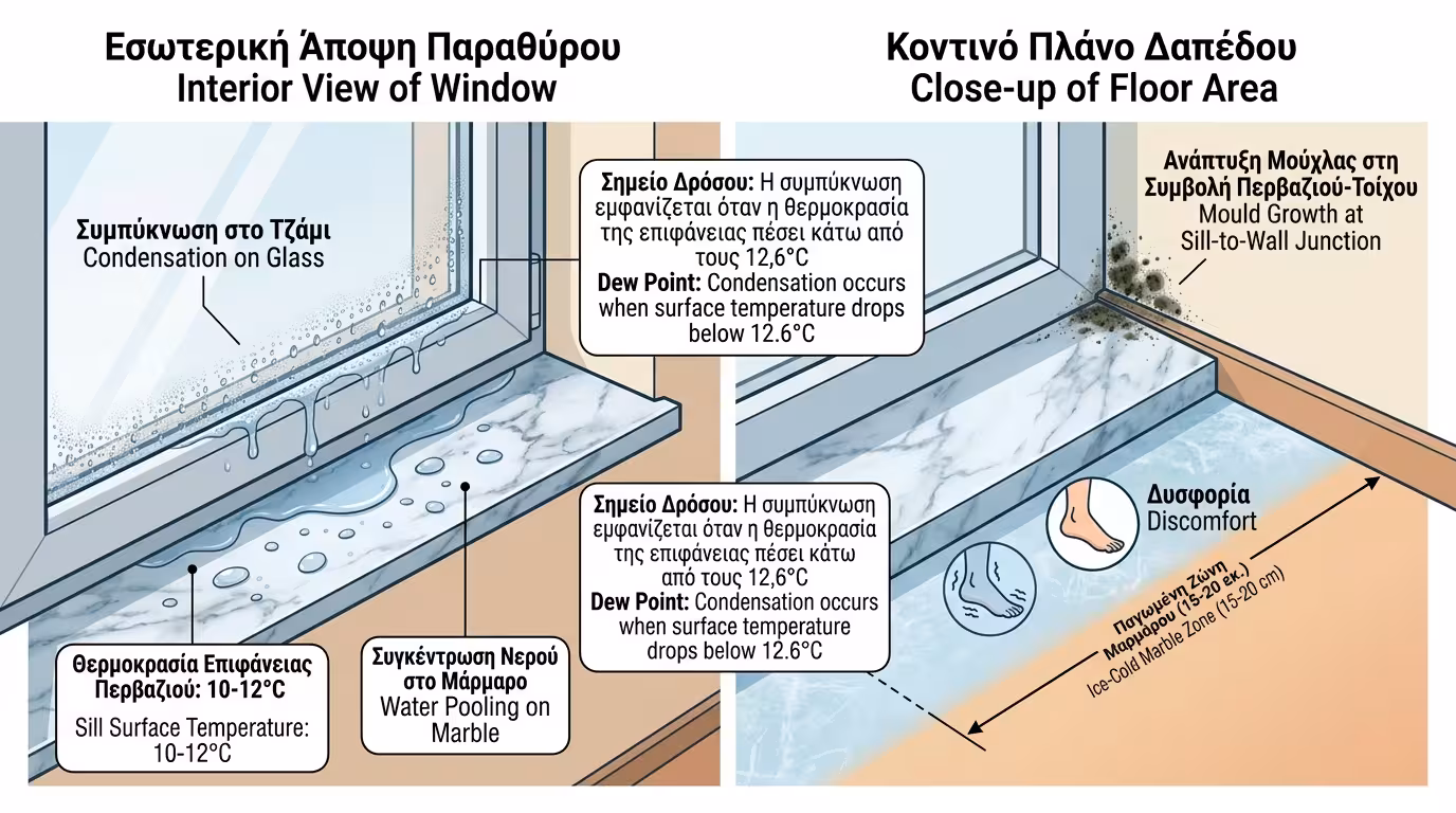 Παγωμένο πάτωμα με συμπύκνωση δίπλα σε μπαλκονόπορτα λόγω ενιαίας μαρμαροποδιάς