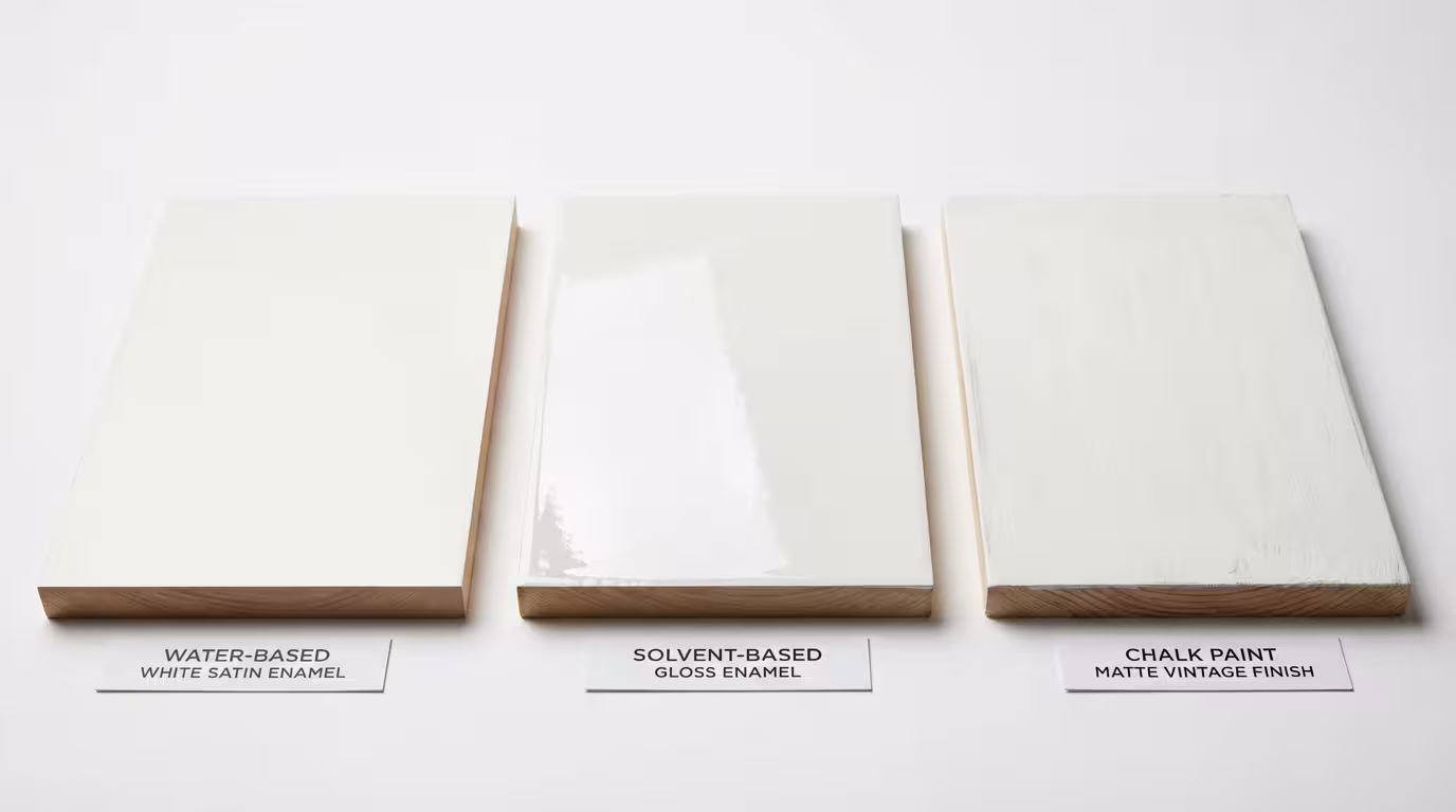 Τρία δείγματα ξύλου: ριπολίνη νερού (λευκή σατινέ), ριπολίνη διαλύτου (γυαλιστερή), χρώμα κιμωλίας (ματ vintage)