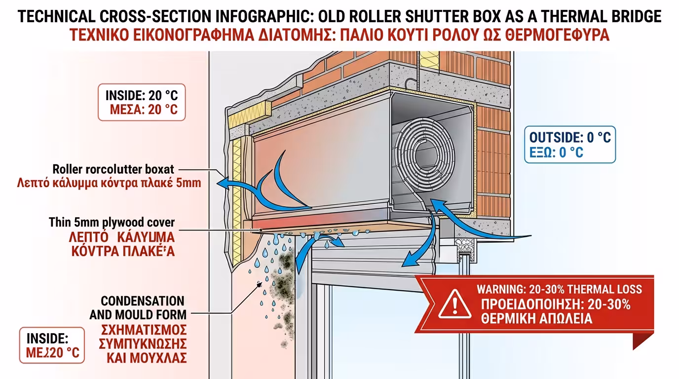 Παλιό κουτί ρολού - τρύπα στον τοίχο, λεπτό καπάκι, κρύο ρεύμα αέρα στο σαλόνι