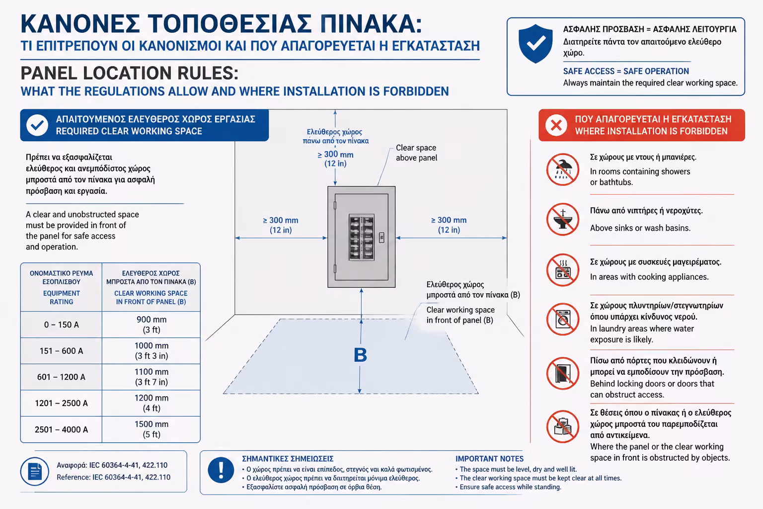 Ελεύθερος χώρος πρόσβασης και εργασίας μπροστά από τον ηλεκτρικό πίνακα