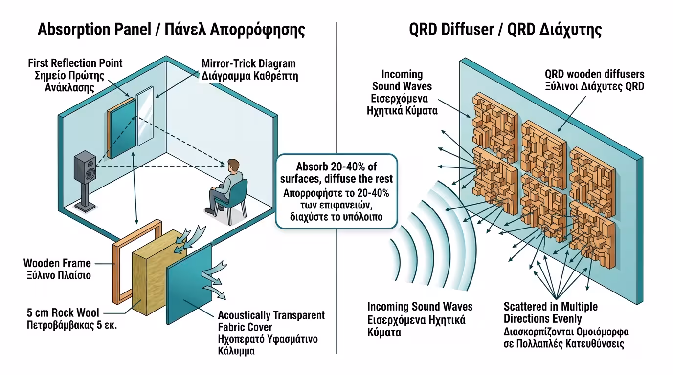 Ακουστικό πάνελ 5 εκ. στο σημείο πρώτης ανάκλασης + ξύλινος diffuser στον πίσω τοίχο