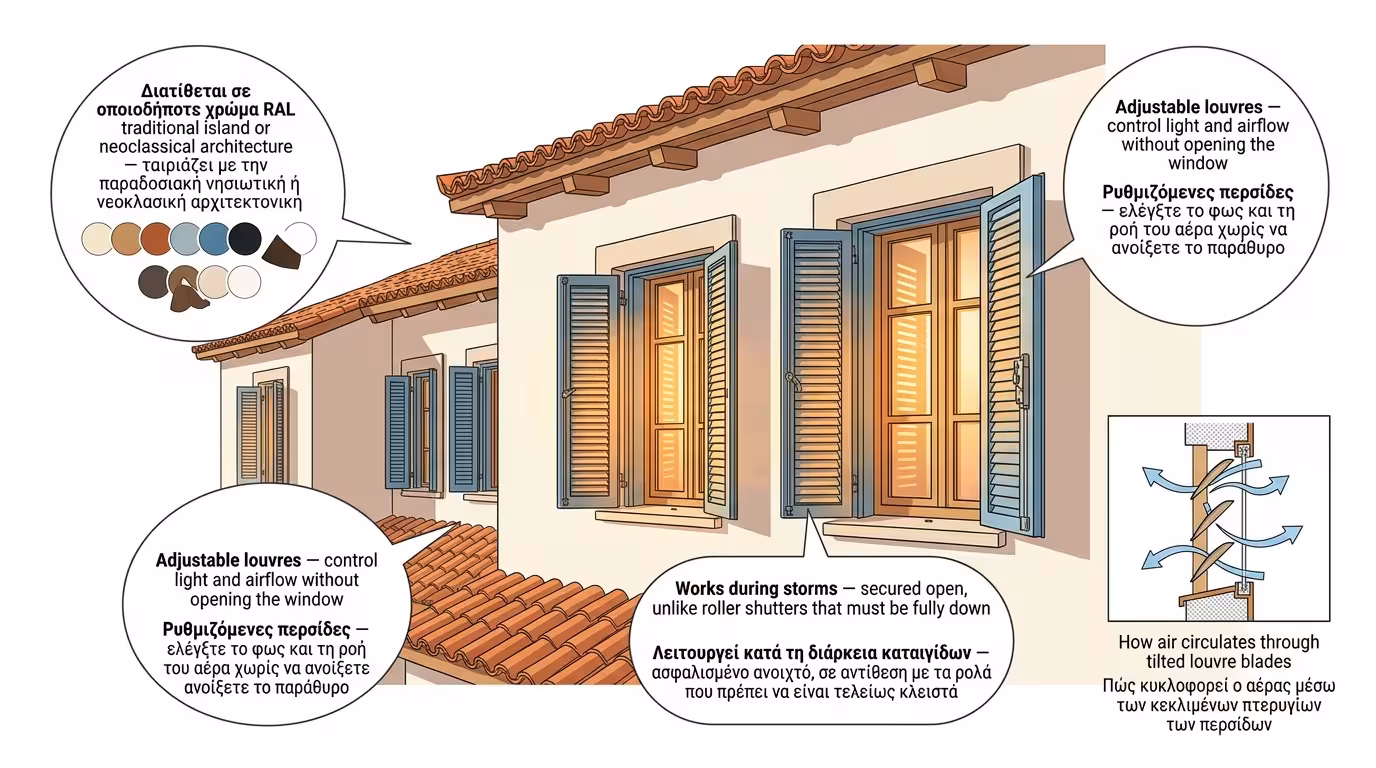 Παντζούρια αλουμινίου με κινητές περσίδες - βιοκλιματικός αερισμός και ιδιωτικότητα