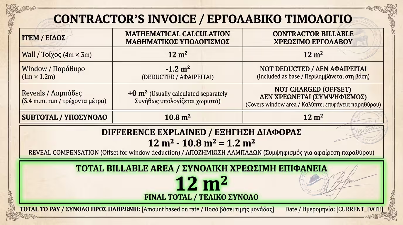 Επιμέτρηση τοίχου δωματίου - μαθηματικός vs εργολαβικός υπολογισμός