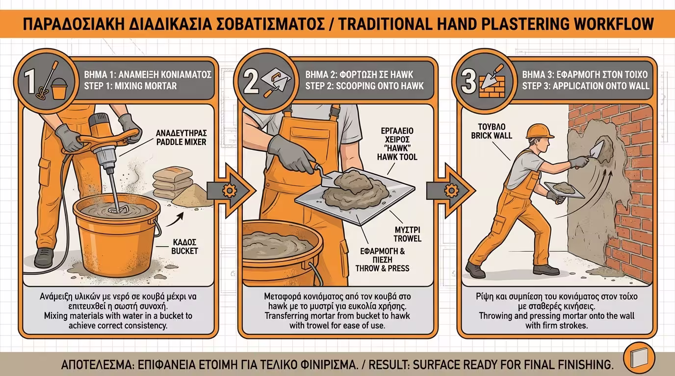 Παραδοσιακό σοβάτισμα με μυστρί και φραγκόφτυαρο