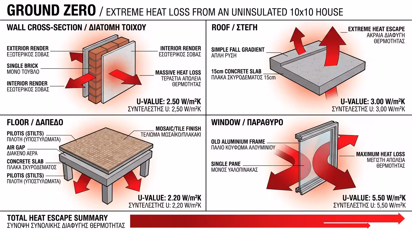 Αμόνωτο ελληνικό σπίτι - σημείο μηδέν θερμικών απωλειών