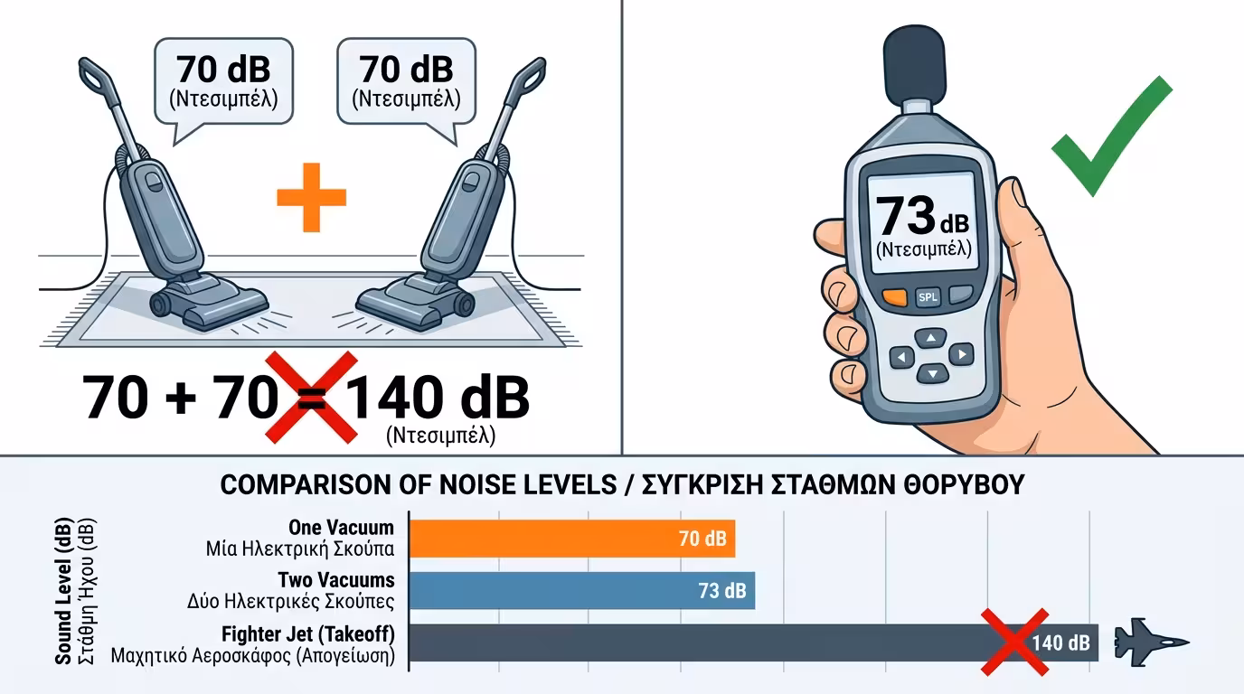 Παράδοξο - δύο σκούπες 70 dB δίνουν μόνο 73 dB, όχι 140