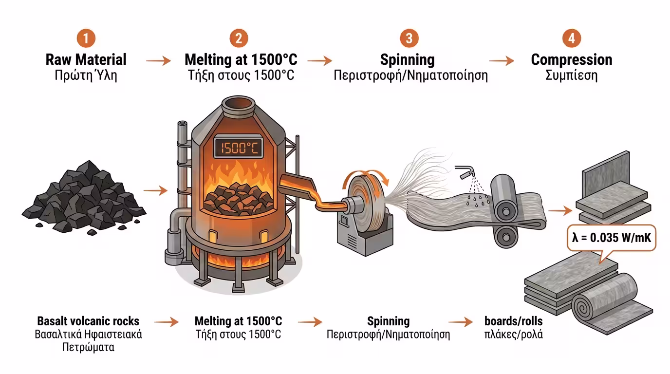 Παραγωγή πετροβάμβακα από βασάλτη - λιωμένο ηφαιστειακό πέτρωμα 1500°C