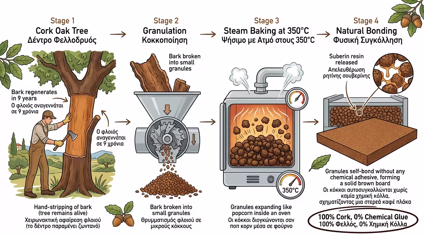 Παραγωγή διογκωμένου φελλού - φελλόδρυς, κόκκοι, ψήσιμο 350°C
