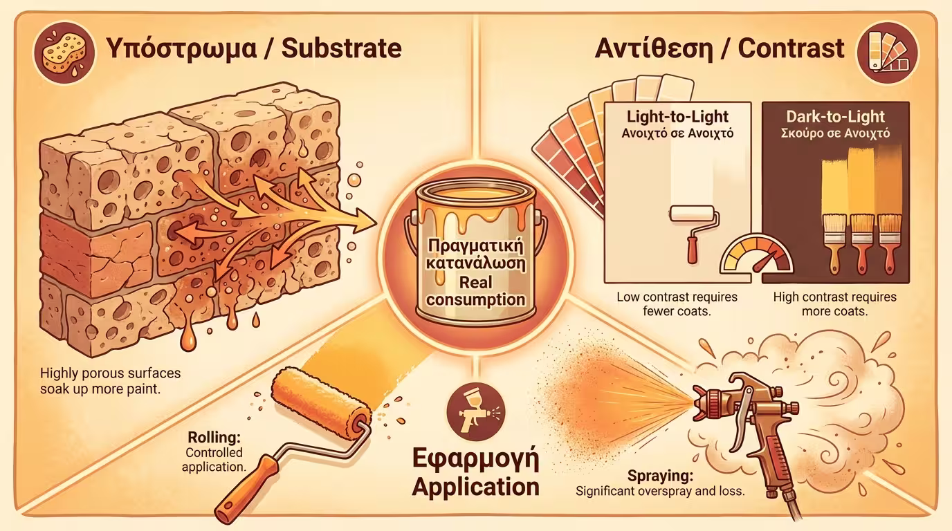 Infographic: Τρεις παράγοντες πραγματικής κατανάλωσης χρώματος – υπόστρωμα, χρώμα βάσης, τρόπος εφαρμογής