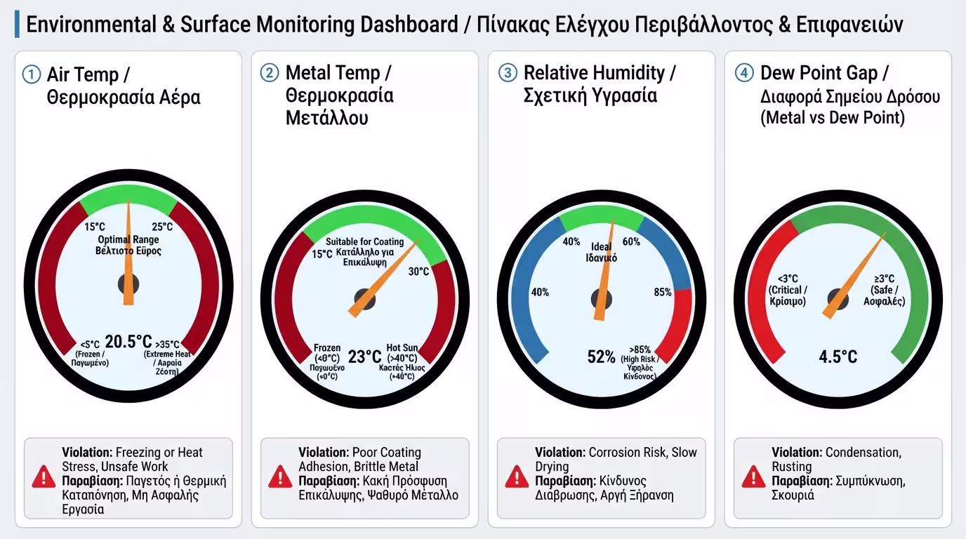 Ινφογκράφικ: Πίνακας 4 παραμέτρων - Θερμοκρασία αέρα, θερμοκρασία μετάλλου, RH, Dew Point.