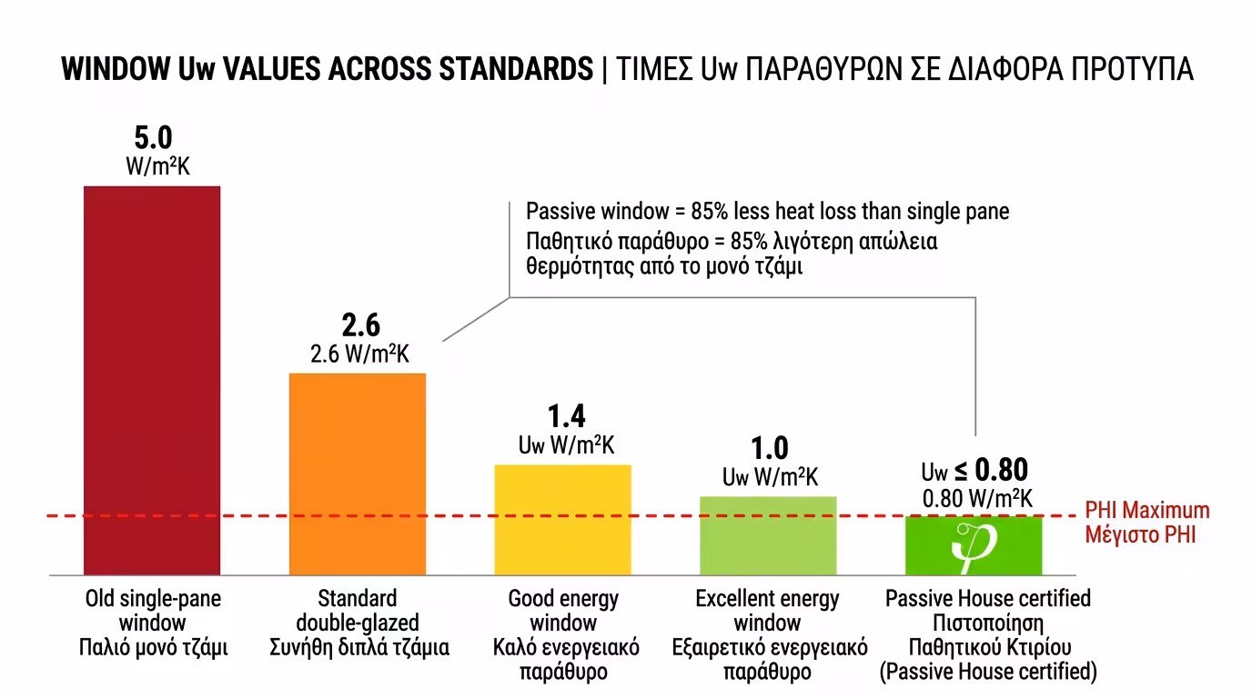 Σύγκριση Uw - τυπικό ενεργειακό 1.5 vs παθητικό 0.80 W/m²K