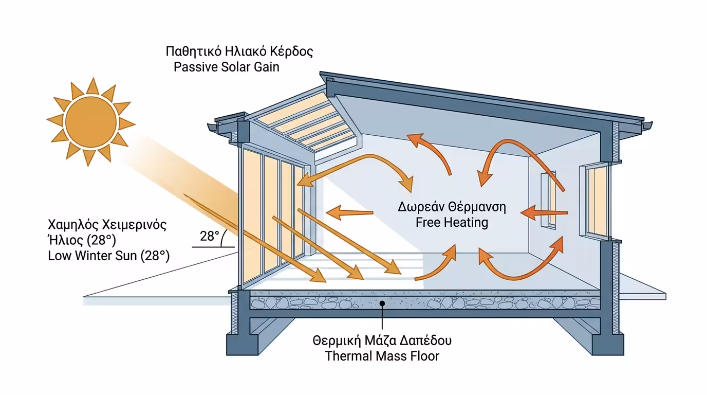 Παθητική ηλιακή θέρμανση - τζαμαρία Νότου τον χειμώνα αφήνει ακτίνες βαθιά στο σαλόνι