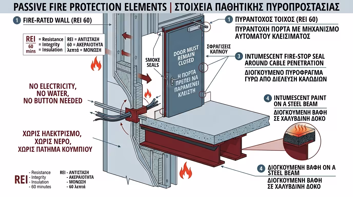 Παθητική πυροπροστασία: πυράντοχοι τοίχοι, πυράντοχες πόρτες, σφραγίσματα - ενσωματωμένα στο κτίριο