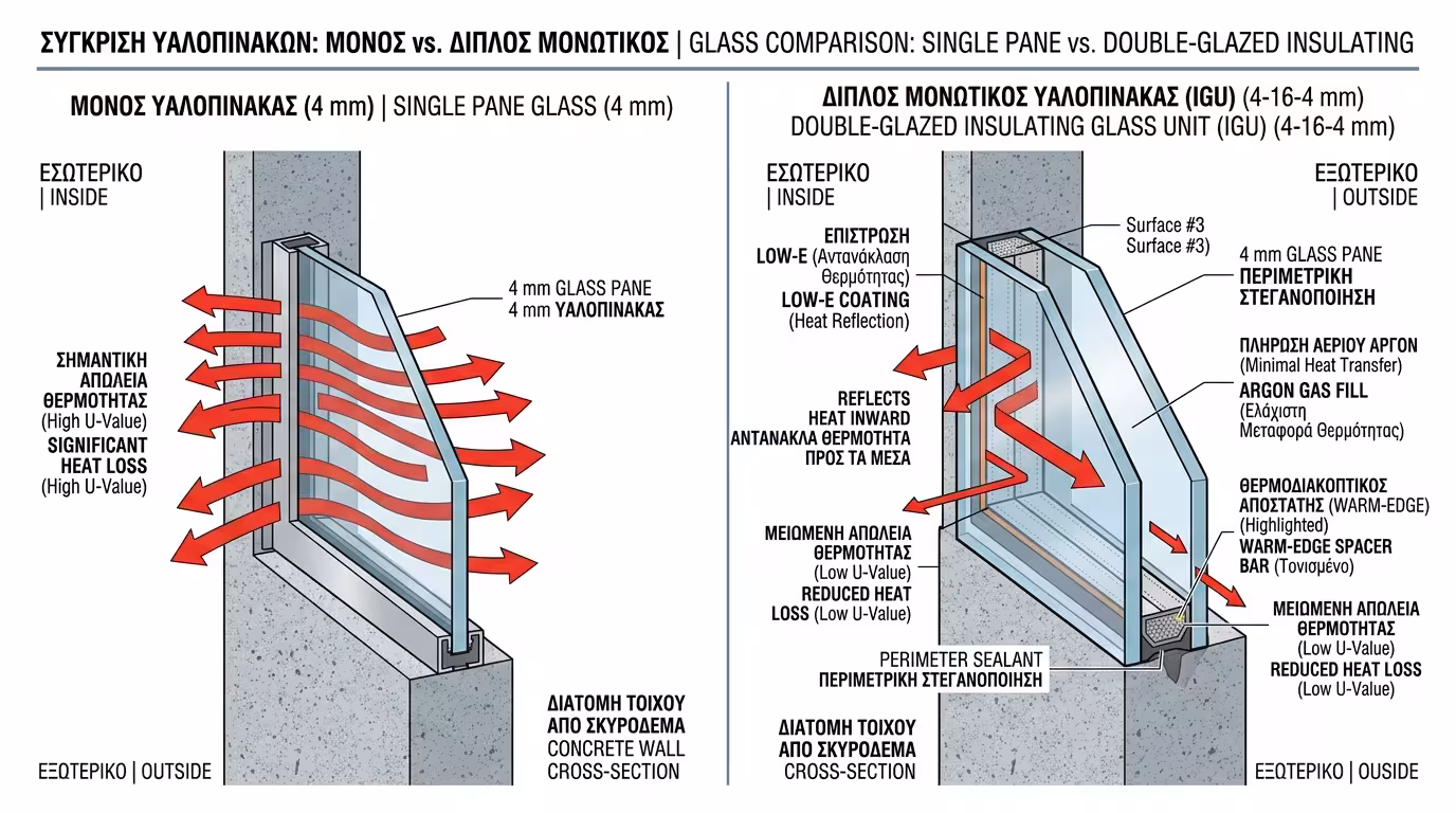 Σύγκριση πάχους: μονό (4 mm), παλιό διπλό (10-14 mm), ενεργειακό (22-24 mm)