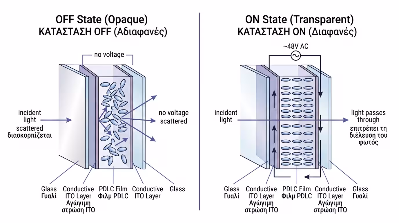 Τεχνολογία PDLC - υγροί κρύσταλλοι σε ηλεκτροχρωμικό τζάμι Smart Glass