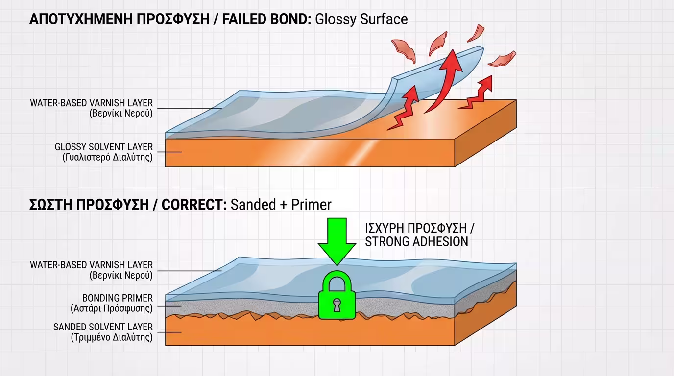 Ινφογκράφικ: βερνίκι νερού πάνω σε γυαλιστερό διαλύτου χωρίς τρίψιμο → αποκόλληση. Λύση: αγρίεμα + αστάρι πρόσφυσης (ελληνικά και αγγλικά)