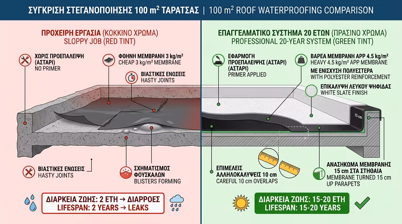 Πείραμα 100 τ.μ. - πρόχειρη vs σωστή εφαρμογή ασφαλτόπανων