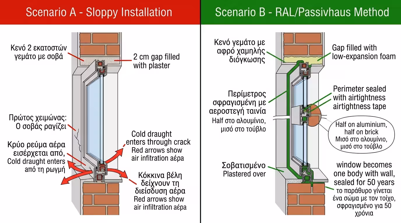 10x10 πείραμα - πρόχειρη vs RAL/Passivhaus τοποθέτηση παραθύρου