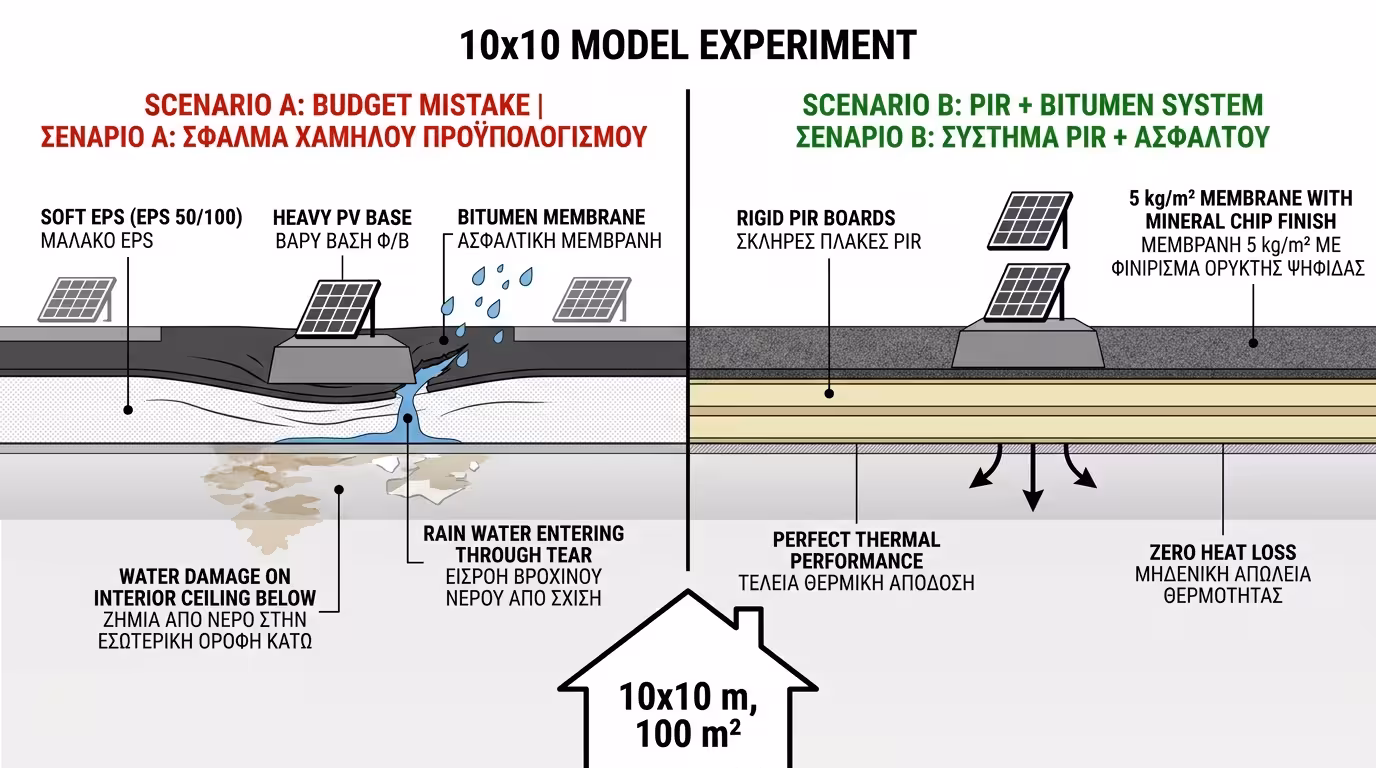 Πείραμα 10x10 - φθηνό EPS vs PIR+ασφαλτόπανο με φωτοβολταϊκά