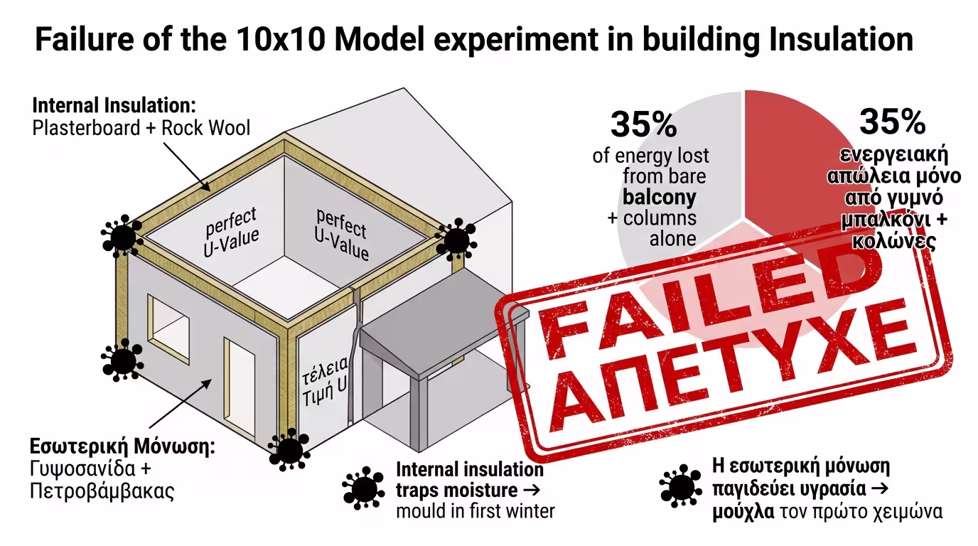 Πείραμα 10x10 - εσωτερική μόνωση vs θερμογέφυρες