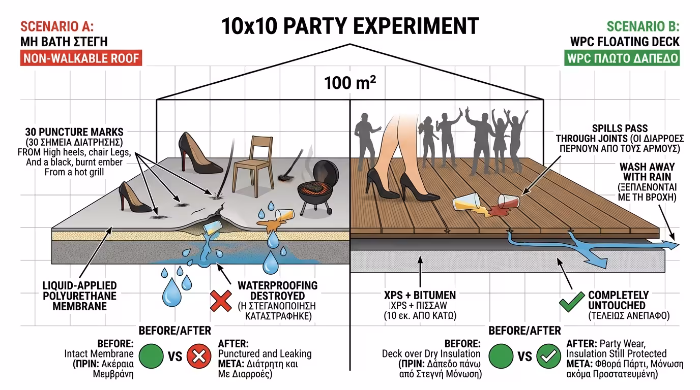 10x10 πείραμα - πάρτι σε μη-βατή vs βατή ταράτσα WPC